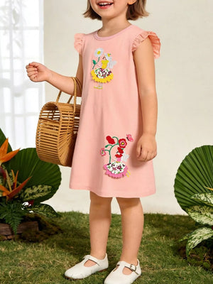 Pink A-line toddler dress with floral embroidery and ruffled sleeves