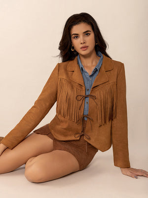 Caramel suede jacket with fringe and tie closure, collared, long sleeves.