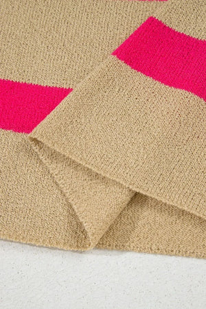 Metallic stripe boxy tee in tan with bright pink stripes, acrylic knit