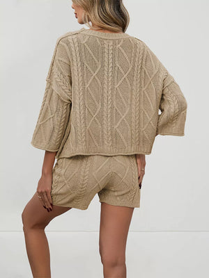 Cozy cable-knit two-piece sweater set in khaki with diamond and braid patterns.