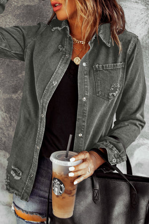 Dark gray distressed denim shirt jacket with raw edges and button front.