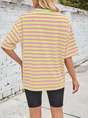 Relaxed fit t-shirt with pink and pastel yellow horizontal stripes and a contrast light green neckline.