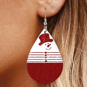 Festive snowman drop earrings in deep red with glitter hat and striped body.