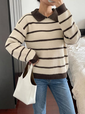 Striped Knit Polo Sweater in Tan, front view