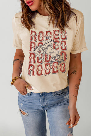 Light Apricot crewneck tee with a distressed rodeo graphic print.