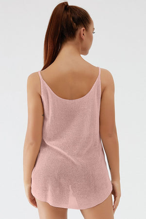 Dusty pink ribbed knit cami with scoop back and thin straps