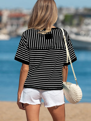 Black and white striped ribbed tee with half sleeves and crew neck, boxy fit