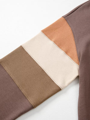 Color Block Drop Shoulder Pullover Sweatshirt in Coffee Brown, product detail