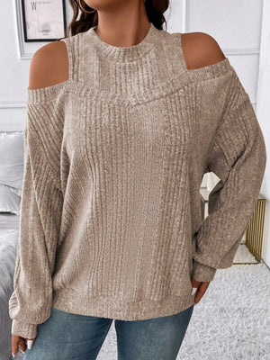 Ribbed mock neck cold shoulder top in mocha, casual knit blouse with long sleeves.