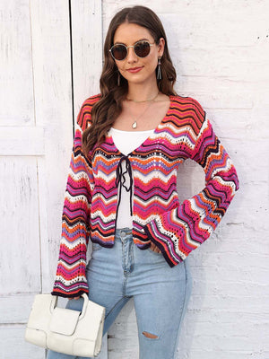 Chevron knit tie-front cardigan with bell sleeves in multi-color zig-zag pattern