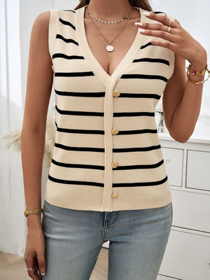 Buttoned stripe knit tank vest in cream with black stripes and gold buttons.