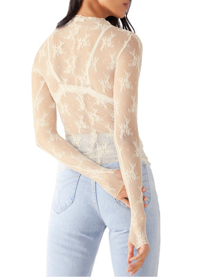 Cream floral lace illusion mock neck top with long sleeves and a sheer finish.