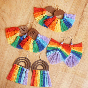 Rainbow tassel fan earrings with wooden accents, available in multiple styles.