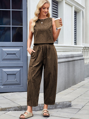 Brown gingham cropped tank and wide leg pants set with elastic waist.