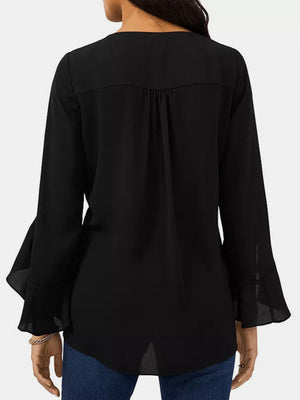 Black chiffon V-neck blouse with flared sleeves and back yoke detail.