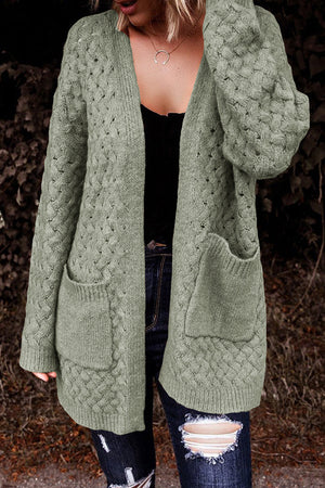 Sage open-knit pocket cardigan with textured cable knit pattern and open front.