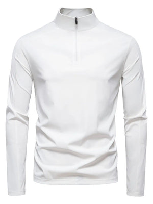 White performance zip-neck tee with structured shoulders and long sleeves.