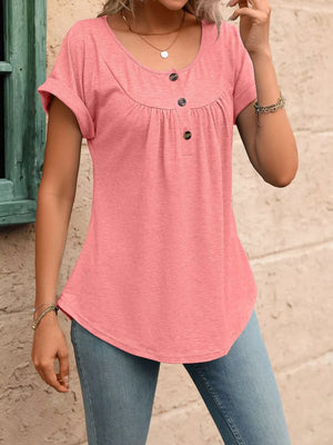 Pink maternity henley t-shirt with button detail and short sleeves