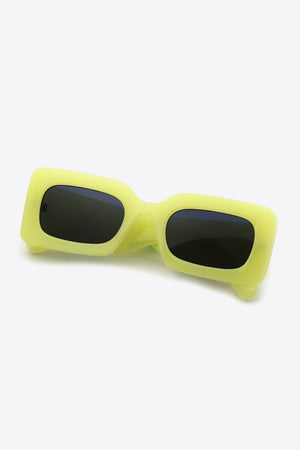 Neon yellow acetate rectangle sunglasses with dark lenses