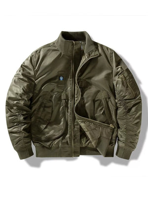 Men's military green bomber jacket with full zip, ruched sleeves, and multiple pockets.
