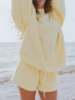 Yellow crew neck sweatshirt and drawstring shorts lounge set