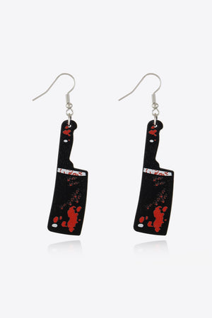 Gory blade drop earrings in black with red splatters, featuring silver hooks.