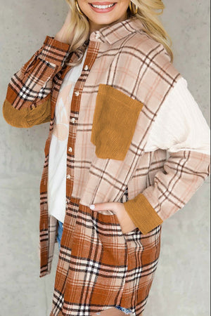 Patchwork plaid shacket with corduroy pocket and cuffs, knit sleeves.