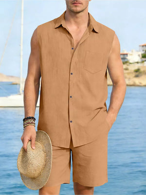 Men's Ochre linen two-piece set with sleeveless collared shirt and shorts.