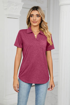 Deep Rose V-neck polo shirt with short sleeves and a chest pocket.