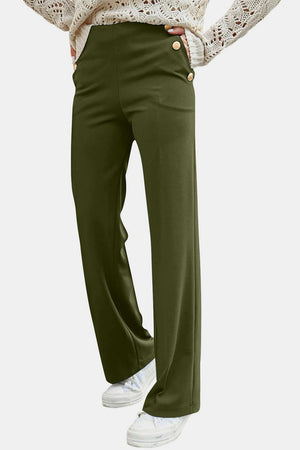 Army green wide leg trousers with gold button detail