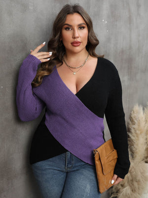Colorblock crossover knit sweater in violet and black acrylic with a deep V-neck.