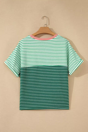 Stripe Contrast Color Block Relaxed Tee in Gum Leaf, close-up detail