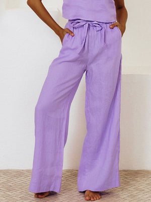 Lavender linen wide leg pants with tie waist and pockets