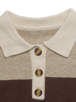 Color Block Polo Collar Sweater in Coffee Brown, product detail