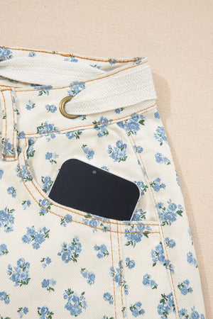 Grommet Knot Waist Floral Barrel Leg Jeans, alternate angle