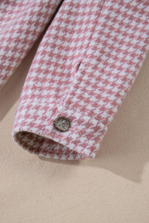Dusty pink houndstooth shacket with a button cuff detail.