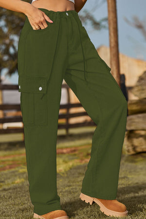 Army green denim cargo trousers with drawstring waist and button flap pockets.