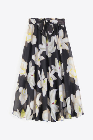 Black chiffon midi skirt with white magnolia print and belted waist