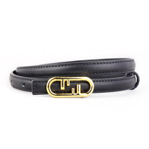 Black leather belt with an elegant oval gold buckle and stitched detail.