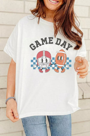 White cotton t-shirt with retro football helmet and football graphic and GAME DAY text.