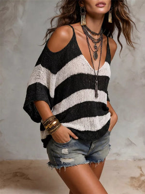 Striped Cold Shoulder Sweater in Black, side view