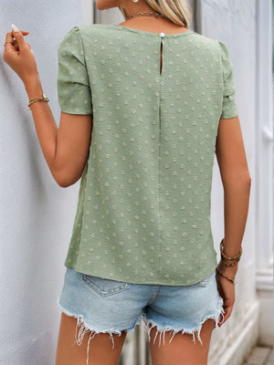 Sage textured dot puff sleeve blouse with button back detail