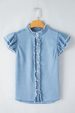 Light blue denim button-up shirt with ruffled trim and frayed edges.