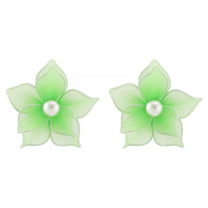 Green floral pearl stud earrings with sheer petals and alloy posts.