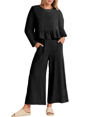 Black ruffled hem two-piece set with long sleeves and wide-leg pants with pockets.