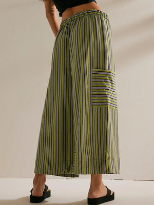 Coastal Stripe Cargo Culottes in Moss with a side cargo pocket and elastic waist.
