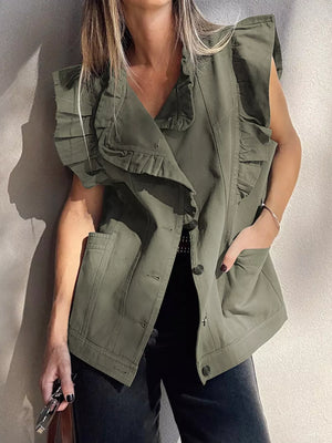 Olive green cotton denim vest with ruffled collar and button closure