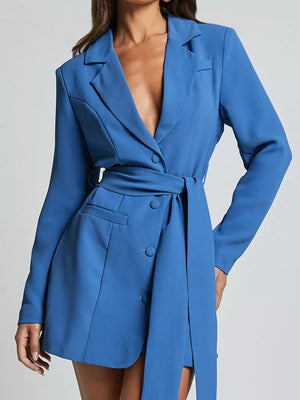 Royal blue belted blazer dress with button front and tie waist.