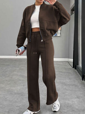 Coffee brown bomber jacket and wide-leg tracksuit with drawstring waist and zip closure.