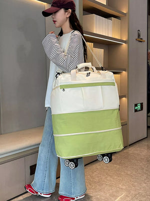 Premium large rolling duffel bag in white and green with wheels and handles